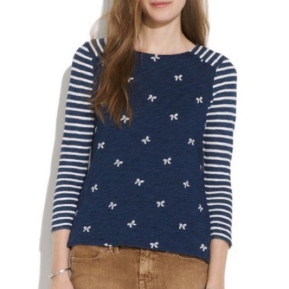 Madewell indigo ink 3/4 sleeve cotton top bows and stripes size S - Picture 1 of 12